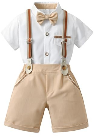 Volunboy Bébé Garçon Ensemble Costume, L'été Manches Courtes Noeud Papillon Chemise avec Short Bretelle Barboteuse(Kaki,3-4 ans,Taille 110)