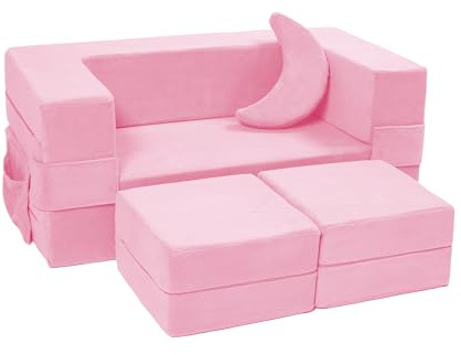 Elftopia Modular Kids Sofa,Toddler Couch Foam Armchair for Kids, Children Convertible Plush Sofa Play Set,Fold Out SofaBed(Pink)