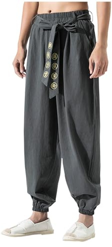 Finelylove Mens Casual Cotton Linen Pants Chinese Style Kung Fu Martial Arts Pants Tai Chi Baggy Harem Trousers, A03-dark Gray, Medium