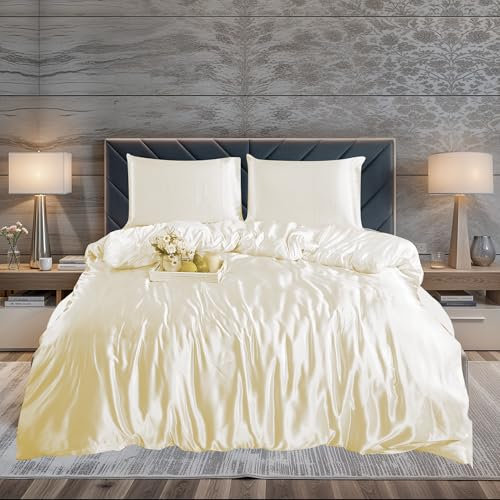 ZIMEL HOMES 3 piece-Satin Duvet Cover Set Soft bedding shiny silky bedding sets - duvet cover, 2 pillowcases (Cream, Double)