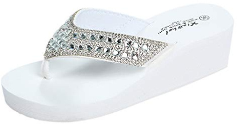 Tongs pour femme avec talon compensé - Tongs pour femme - Strass tendance - Sandales d'été - Plateforme de plage - Tapis de yoga - Semelle en caoutchouc antidérapante - Sandales de plage, Blanc., 37