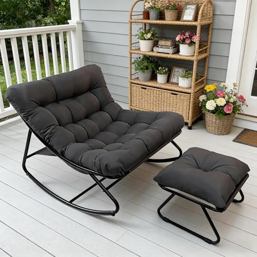 FUOIDYE Mecedora con taburete, silla mecedora con taburete, silla de lectura para exteriores con acolchado, extragrande, para salón, silla de relax, soporta hasta 150 kg, para jardín, balcón, terraza