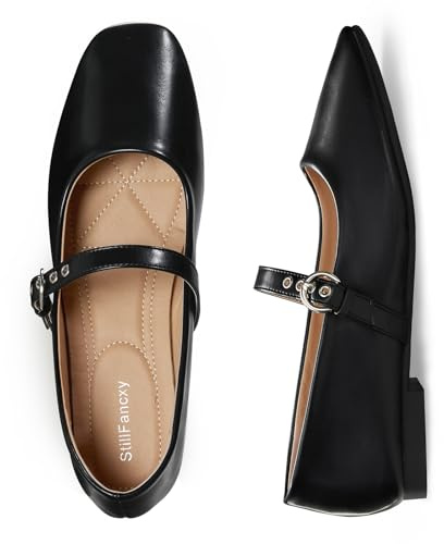 StillFancxy Mary Jane Flats Square Toe Adjustable Strap Ballet Flats Comfortable Dressy Slip-on Work Shoes Black Pu