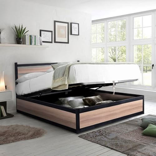 SAMPUR - Lit Coffre Style Industriel avec tête de lit et sommier à Lattes | Espace de Stockage XXL | Robuste et Large Angle d’Ouverture (Bois Clair, 140x190 cm)