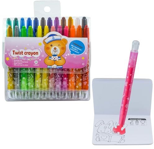 Twist vaxkritor set med mini ritbok för barn, kompakt storlek lätt att greppa kritor för ritning, färgning, flerfärgad, 3+ år (set med 24)