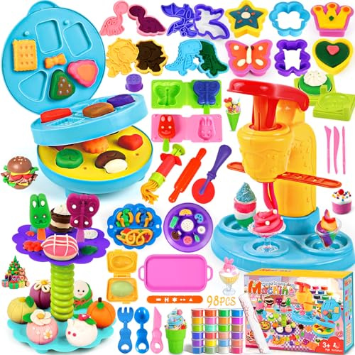 NLMWTI Juego de Plastilina, 98 Piezas de Moldes plastilina con 24 Cajas Plastilina para Crear Hamburguesa, Pizza y Pasta Set Plastilina Herramientas de Modelado para Niños, Regalo a Partir de 3 años