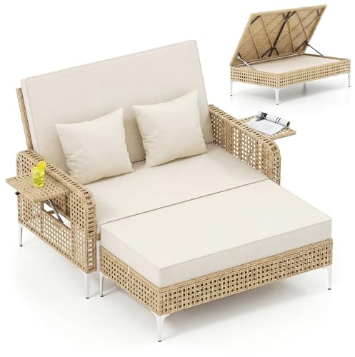 COSTWAY Garden Rattan Daybed, Patio Double Chaise Lounger Sun Bed with 4-Level Adjustable Back, Storage Ottoman, Cushions, Pillows and Side Trays, Outdoor Wicker Conversation Loveseat Sofa (Off-White)