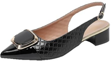 958-21LX Dam spetsig tå slingback pumps, låg blockklack, quiltat patentläder, metallspänne detalj