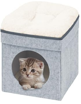 Bonlife Foldable Large Cat Beds for Indoor,Cat Tent Bed House with Two Removable Cushion,Warm Comfortable Semi-Enclosed Hideaway,White,32X32X39CM