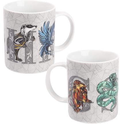 United Labels Harry Potter Tasse 320 ml, 4 Häuser, Weiß, Kaffeebecher aus Porzellan, Kaffeetasse, Fanartikel