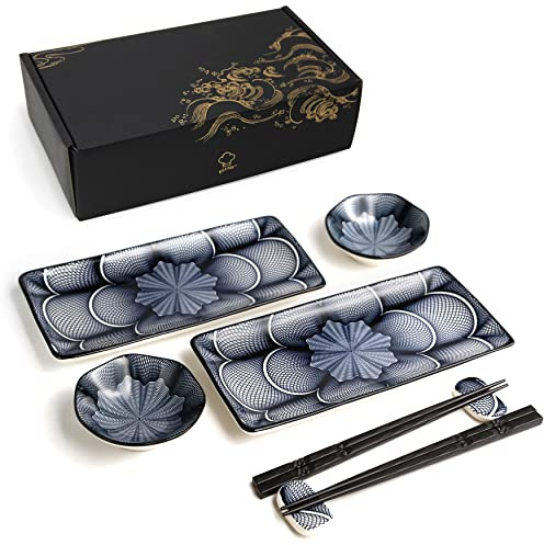 8 Piece Japanese Style Ceramic Sushi Plate Set 10-inch rectangle sushi dishes- 2 Sushi Plates, 2 Sauce Dishes, 2 Pairs of Chopsticks, 2 Chopsticks Holders