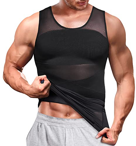 Bingrong Compression Shirt for Men Slimming Body Shaper Tummy Control Vest Shapewear Waist Trainer Vest Workout Tank Tops (L, Black)