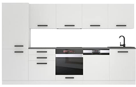 Belini Küchenzeile Küchenblock Rose - Küchenmöbel 300 cm Einbauküche Vollausstattung ohne Elektrogeräten mit Hängeschränke und Unterschränke, mit Arbeitsplatten, Weiß matt