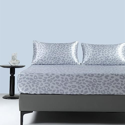 Satin Spannbettlaken 180x200cm Boxspringbett Blau Hellblau Leopardenmuster Sommer Bettlaken Satin Glänzend Seide Muster Spannbetttuch 180 x 200 Spannbetttücher Leintuch für Hohe Matratze bis 25-30 cm