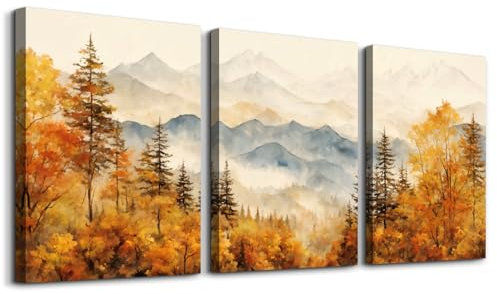 MHARTK66 Aquarell Gold Wald Leinwand Bilder Set Wohnzimmer, Herbst Durchgehende Bergkette Landschafts Wandbild Schlafzimmer, Gelb Abstrakt Bilde Aesthetic, Modern Minimal Wandeko Badezimmer Flur Büro