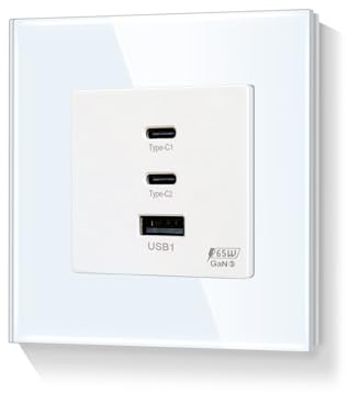 LIAONFOY 65 W Super Charging Socket Super Fast Charging Three Ports USB C Combination Wall Socket Glass Frame White 86 mm 100-240 V Max Charging Speed 65 W for Type C 20 W for USB (Neutral Required)