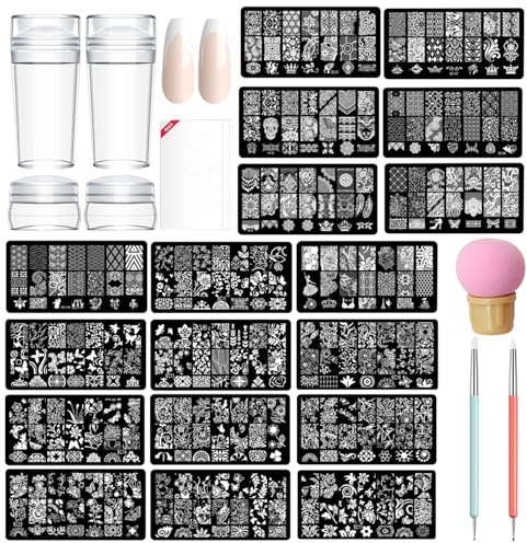 TYXHXTF Pack Of 14 French Nail Stamp Kit,Nail Art Stamping Templates Manicure Tool Kit,Nail Art Jelly Stamper With Silicone Cushion,Nail Stamp,Gel Nail Polish Set For Diy Nail Art Designs