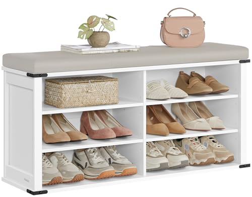 VASAGLE Shoe Storage Bench with Removable Cushion, Shoe Rack with Padded Seat, Entryway Bench with 6 Open Compartmens, Adjustable Shelves, for Hallway, Bedroom, Cloud White ULSB105W01