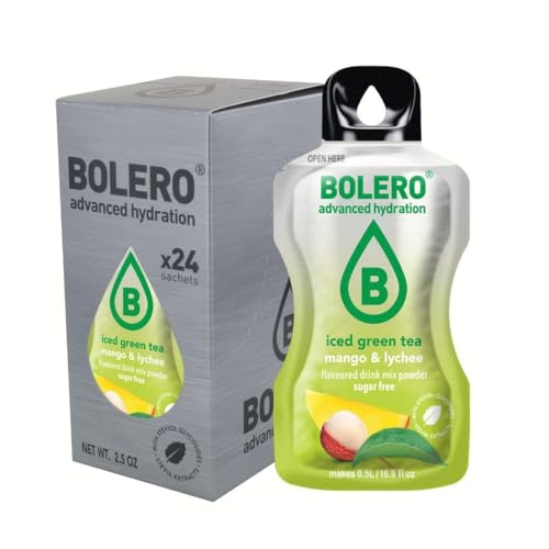 Bolero THÉ VERT GLACÉ MANGUE & LITCHI 24x3g | Poudre pour boisson sans sucre, édulcorée à la stévia + vitamine C | convient aux enfants, aux sportifs et aux diabétiques | sans gluten