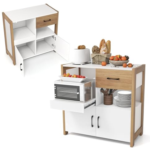 KOMFOTTEU Credenza Cucina con Ripiano Regolabile, Armadio Dispensa con Cassetto, Ripiani Aperti e Armadio con 2 Ante, Mobile Buffet per Sala da Pranzo, Soggiorno, 82 x 40 x 81 cm, Bianco