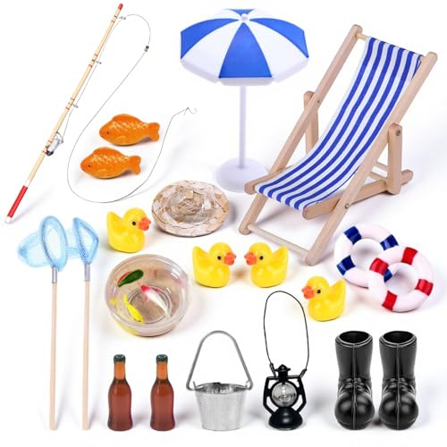 21 stycken tomtetillbehör sommar miniatyr strand dekoration miniatyr fisketillbehör inklusive strandkorg dekoration parasoll strand fiskespö etc för dockhus gör-det-själv-trädgårdsdekoration