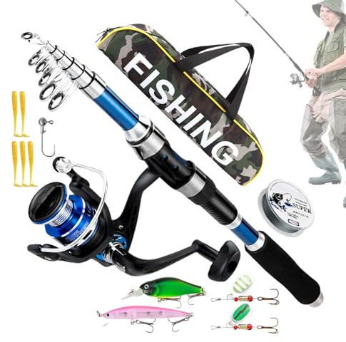 Zyntora Combo de Caña y Carrete de Pescar - Combo De Caña De Pescar para Adultos - Kit Señuelos Equipo Exterior Hombre Principiante Pescador