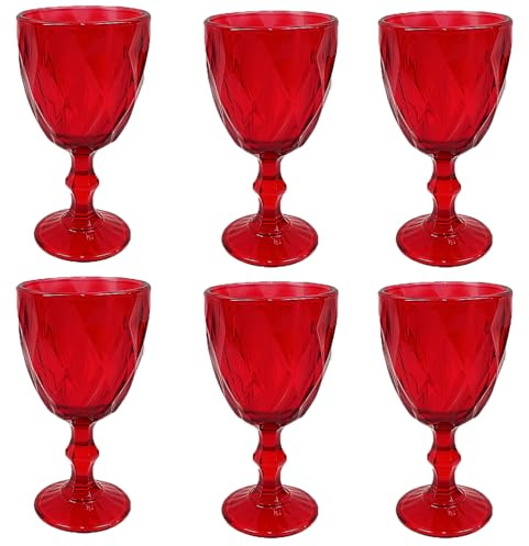 Set 6 Bicchieri Rossi a Calice da Vino 260 ml Eleganti per la Tavola Natalizia Calici con Piede Effetto Diamante Eleganti per le Feste di natale e Occasioni Speciali