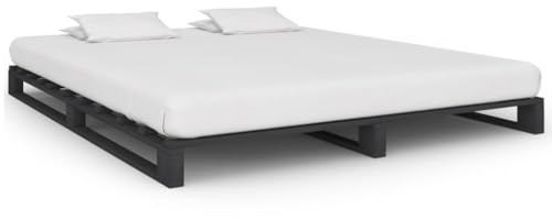 Mimdixy Letto matrimoniale in metallo, letto a pallet grigio legno di pino 180×200 cm per camera da letto camera