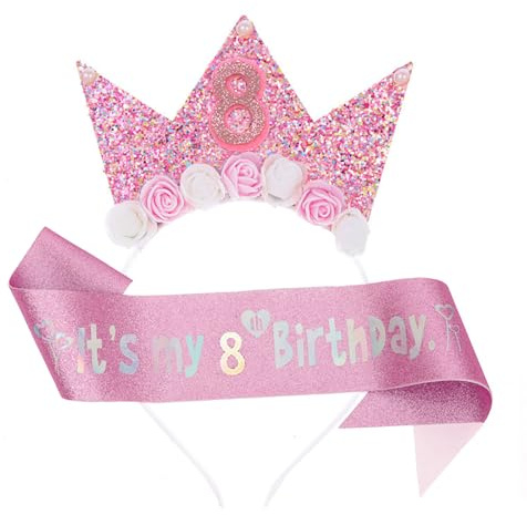 xiluuyou Corona di Compleanno per Bambine, Cintura Compleanno, Corona Glitterata Rosa e Fascia, Set Accessori Festa（8）