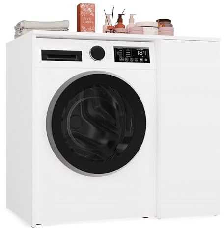 CDF Mueble Lavadora POLA NP 1D Blanco 95x88,5x64 cm Nicho Lavadora Puerta TIP-ON Estantes Laterales Toallas Productos Limpieza Bano Minimalista Moderno Almacenamiento Organizacion Montaje Facil Blanco