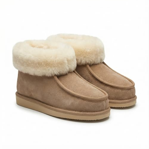 Rökü Zapatillas de estar por casa de piel de cordero para hombre y mujer con suela antideslizante, de piel de cordero encerada auténtica de alta calidad., color Beige, talla 38 EU