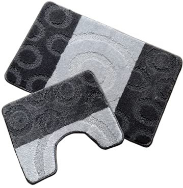 oKu-Tex Design Badematte Antirutsch Set 2 Teilig, rutschfest & waschbar, Badvorleger 60 x 100 cm für das Badezimmer, WC Vorleger mit Ausschnitt 50 x 60 cm, gestreift Kreise, grau anthrazit