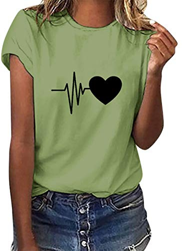 heekpek Femme Chemisier Chic T-Shirts Blouse Col Rond Tops Manches Courtes en Coton Ete T Shirt Imprimé Tunique T-Shirt, Olive, Taille XL