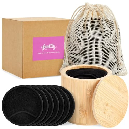 18 Pack Reusable Cotton Rounds for Makeup Removal with Bamboo Holder and Mesh Storage Bag (Black)