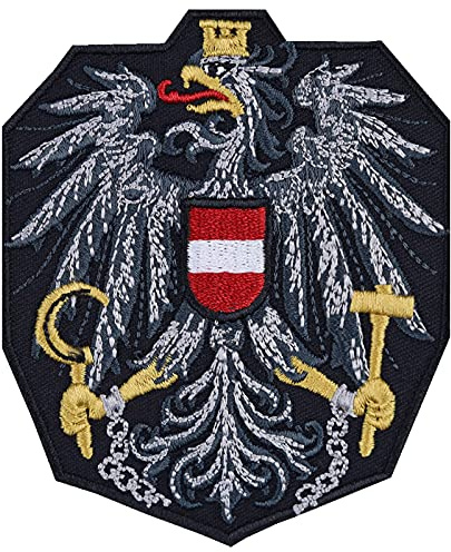 Parches ropa termoadhesivos: Escudo de armas de Austria con águila federal. Insignia para motociclistas/rocker/fanáticos. Para jeans/sombrero/camiseta/chaqueta, 75x90mm