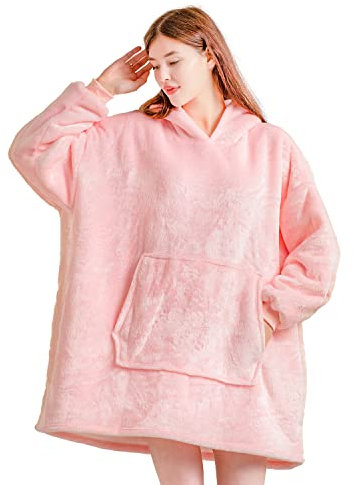 CKK Oversized Hoodie Blanket, Super Soft Warm Wearable Fluffy Blanket, Cosy Comfy Hooded Sherpa Sweatshirt for Women Girls Adults Men Boys Kids Big Pocket(Pink)