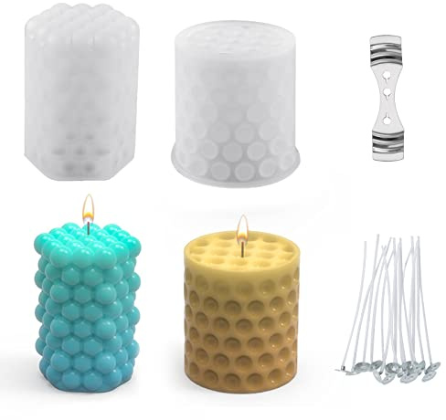 URAQT Ljusform, 2-Pack Ljustvålformar med 15 st Ljusvekar Och Rostfria Vekar, 3D-Pelare Bubbla Silikon Ljusformar för Julfest Dekoration Handgjorda Presenthantverk DIY