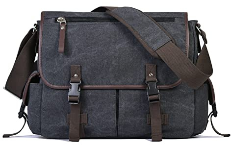 CROCOD 15.6 Inch Laptop Messenger Bag for Men Women, Vintage Canvas Computer Shoulder Bag with Anti-Theft Pocket, Large Work Briefcase Satchel for Business College Travel (Black)