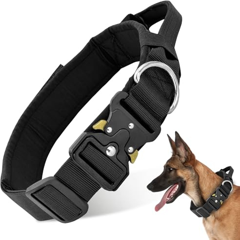 Taktiskt hundhalsband, justerbart hundhalsband med kontrollhandtag, slitstarkt metallspänne, för medelstora stora hundar utomhusjakt träning (svart, M)