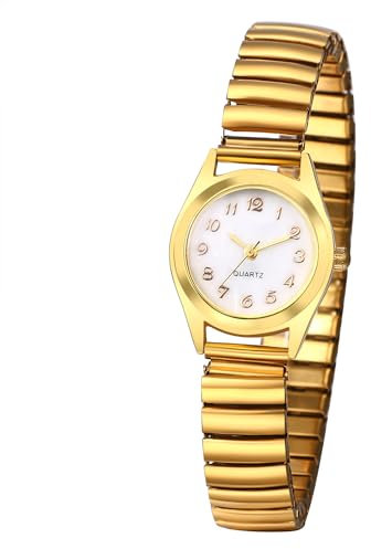 JewelryWe Damenuhr Elastisch Uhren Damen: Analog Quarz Armbanduhr Gold Edelstahl Stretch Armband Klein Lässige Uhr mit Weiß Digital Zifferblatt Geschenk für Frau Mädchen