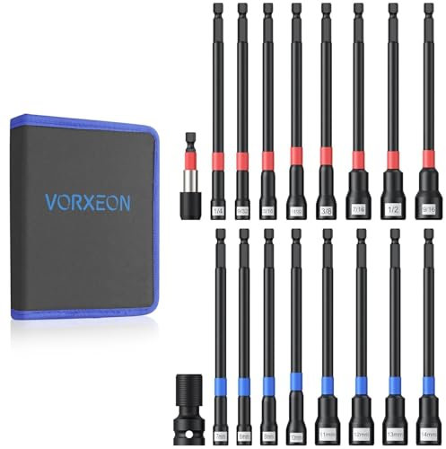 VORXEON Jeu De Douilles Magnétiques 150 mm Tourne-écrous Magnétiques 1/4 À 9/16 pouce Acier Cr-V Perceuse À Percussion À Tige Hexagonale avec adaptateurs de douilles à chocs, porte-embouts