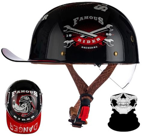 RQTEUYE Retro Halbschalenhelm mit ECE-Zulassung,Vintage Motorradhelm Baseball Cap mit Versenkbare Sonnenblende und Schnellverschluss,Cruiser Chopper Scooter Jethelm Herren Damen Helm M-XXL