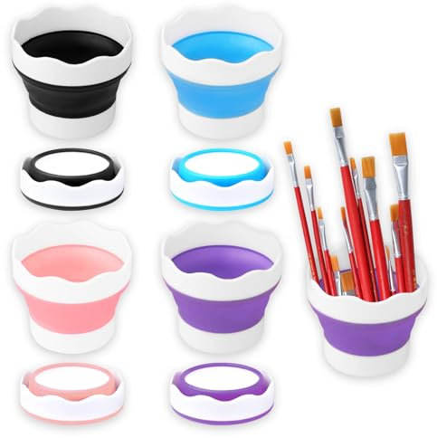 DHSWNNG 4 vasos de agua para pinceles de silicona, vasos de pincel plegables, vasos de pintura, pinceles de depósito de agua, cubos de lavado, cubos de lavado para acuarela, pintura al óleo acrílica