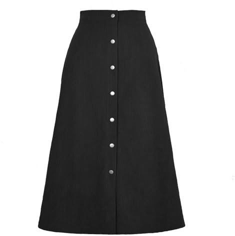 Jupes longues taille haute en velours côtelé boutonnées pour femme, coupe trapèze, couleur unie, jupe midi à simple boutonnage, Noir , M