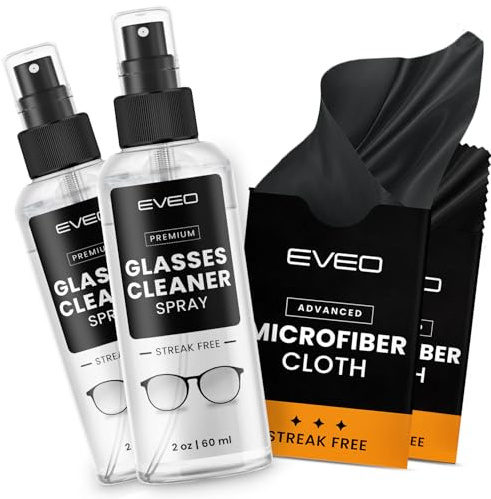 EVEO Glasses Cleaner Spray - Eyeglass Cleaner (No Streaks)| x2 Eye Glass Cleaners Spray + x2 Lens Cleaner Microfiber Cleaning Cloth, Glasses Cleaning Kit Eye Glasses Cleaner Spray & Cloth - 4oz(2ozx2)