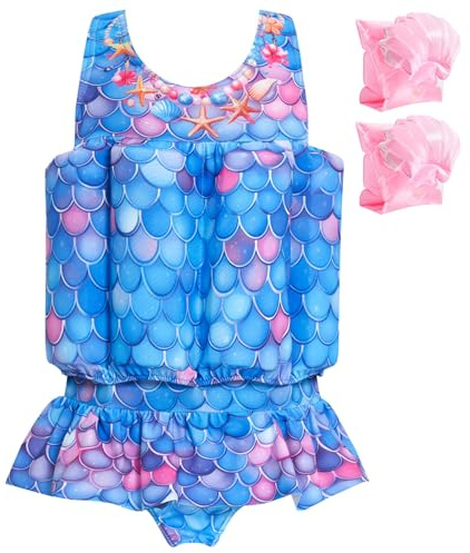 Summshall Baby Girls Swimsuit with Floatation Toddler One Piece Swimsuits Kids Swim Vest Swimwear Float Suit Summer Beach Bathing Suit Blue