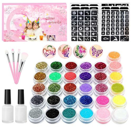 Kit Tatouage Enfant, 31-Couleurs Tatouage Paillette Enfant, Kit De Tatouage à Paillettes Pour Enfants,243 Motifs, 2 Bouteilles De Colle, Pinceau Rose + Boîte De Couleurs