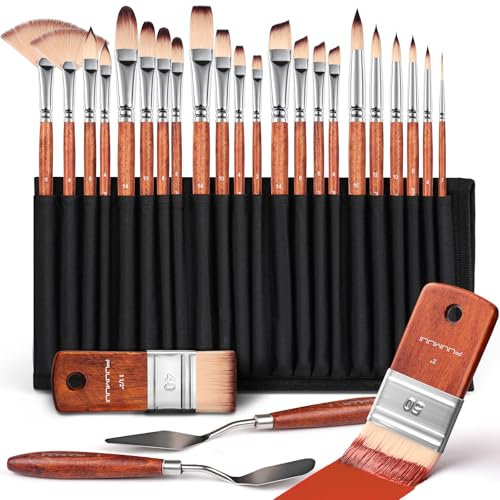 Fuumuui 26pcs Paint Brushes, Professional Acrylic Paint Brush Set Artists Complete Range of Sizes with Upgraded Short Handle Wide Flat & Palette Knife for Acrylic, Oil, Watercolour, Gouache