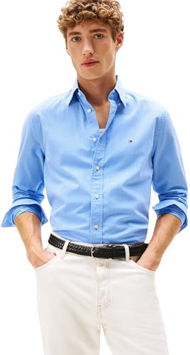 Tommy Hilfiger Camisa Hombre Flex Poplin Micro Gingham Regular Fit, Azul (Sweet Blue/Check), L