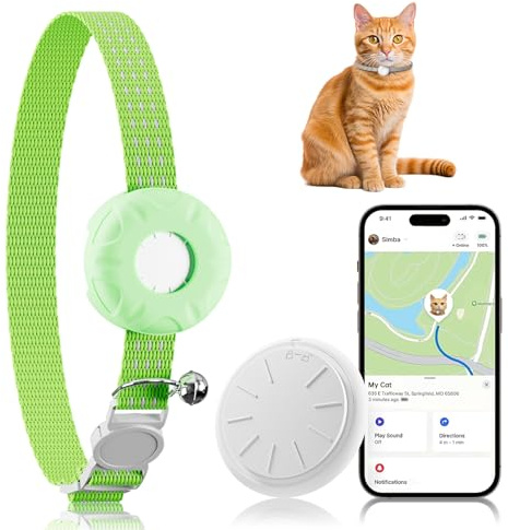 ZFSJTAG Smart Cat GPS Tracker, Cat GPS Tracker Compatible with Apple Find My App (Only iOS), No Monthly Fee, Waterproof (White Tracker, Green Cat Collar)